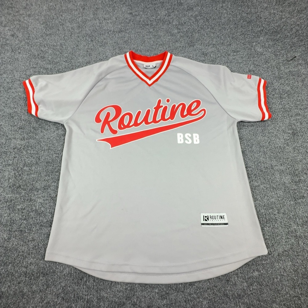 Routine Baseball Shirt Mens Large Gray BSB V Neck Jersey Raglan Short Sleeve Tee